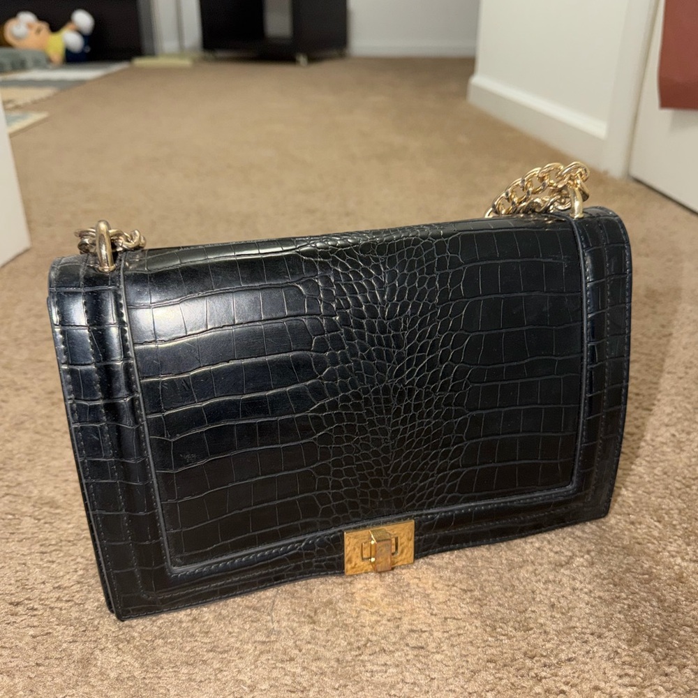 INC International Concepts Black Croc-Embossed Shoulder Bag